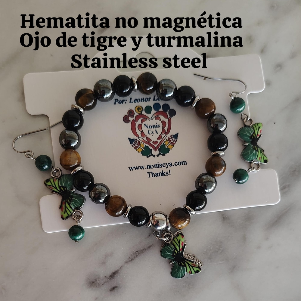 Butterfly Charm Bracelet with Green and Brown Beads - Picture 2 of 3